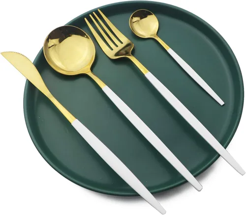 Miniatura 2 de Juego de cubiertos dorados con mango blanco, 24 piezas de acero inoxidable brillante, cubiertos para 6, aptos para lavavajillas Mango blanco dorado