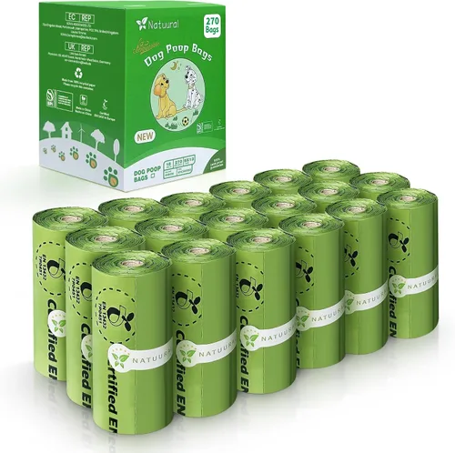 Bolsas compostables certificadas para excremento de perro, 270 bolsas, 18 rollos, bolsas para excrementos para perros hechas de almidón de maíz,