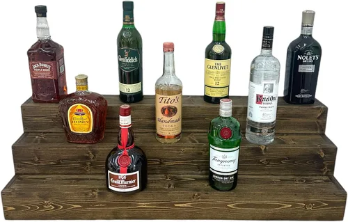 Miniatura 9 de Estantería de exhibición escalonada hecha a mano, exhibición de barra de tres niveles, organizador de barra, exhibición de botellas de licor