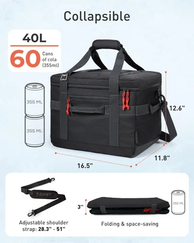 Miniatura 4 de TOURIT Lonchera térmica con lados blandos 48/60 latas gran bolsa de almuerzo plegable, caja de hielo, 8.4/10.6 galones enfriadores sin fugas y Negro