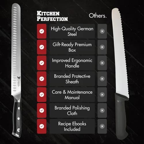 Miniatura 6 de Kitchen perfection Cuchillo de Brisket de 12 pulgadas para tallar y cortar carne - Borde Granton de acero alemán ultra afilado de alta calidad