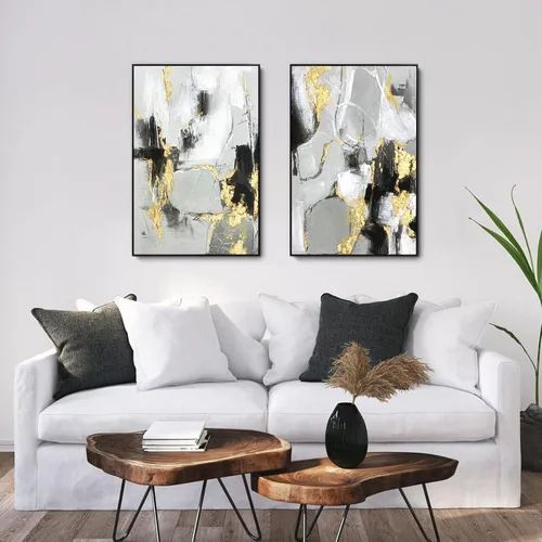 Miniatura 3 de Zessonic - Arte de pared abstracto en negro y oro - Decoración 2 piezas 16 x 24 pulgadas, lienzo en blanco y negro con lámina dorada para sala