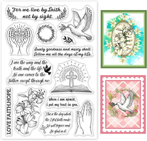 Miniatura 11 de GLOBLELAND Sello transparente de texto bíblico para álbumes de recortes, sellos de silicona de lirio de ángeles, sello transparente de paloma de paz