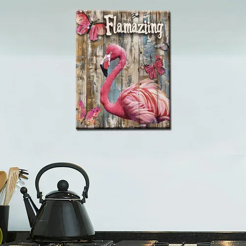 Miniatura 2 de Kit de pintura por números de flamenco y letrero "Flamaziing" para adultos principiantes, animal rosa, grano de madera, acrílico fácil sobre lienzo