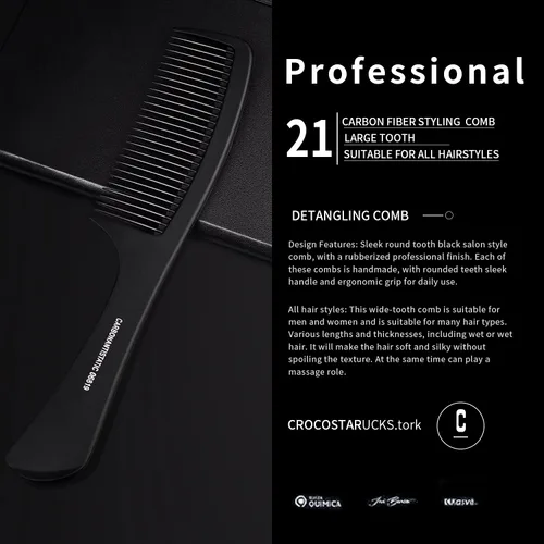 Miniatura 2 de Peine desenredante grande con mango profesional, fibra de carbono, corte, peluquería, peinado, diente redondo, peluquería, peluquería, peine