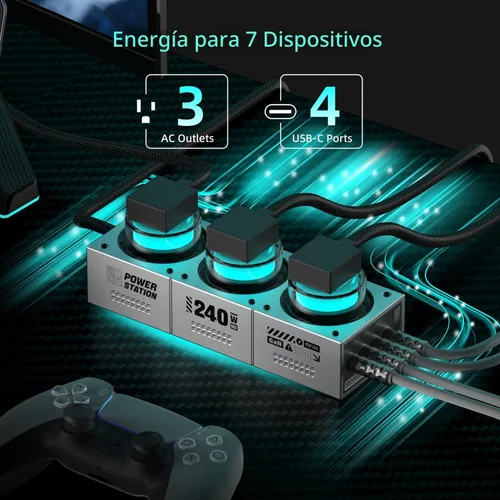 Miniatura 2 de MFish E-Tank - Regleta de alimentación de escritorio GaN de 240 W con luz RGB, estación de carga rápida 7 en 1 (140 W PD 3.1) y 3 salidas de CA