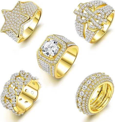 Sanfenly Anillo helado para hombre, chapado en oro de 14 quilates, anillo meñique con diamantes de alta calidad, con circonita cúbica, signo de