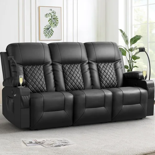FURNIMAT Sofá reclinable, sofá reclinable doble de 3 asientos, sofá biplaza de piel sintética, moderna silla reclinable para sala de estar, con Negro