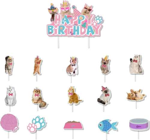 Miniatura 8 de TSJ 16 adornos para cupcakes de gato, decoración de pastel de cumpleaños para gatos, decoración de fiesta temática de gatitos, palitos para pastel