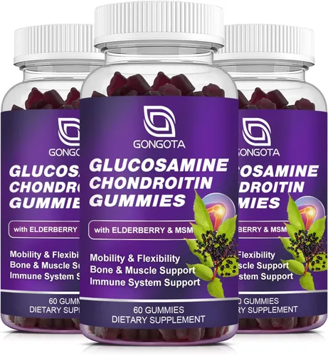 Gomitas de condroitina de glucosamina, paquete de 3, extra fuerte de 1500 mg de glucosamina con MSM y saúco, apoyo de flexibilidad, el mejor 60