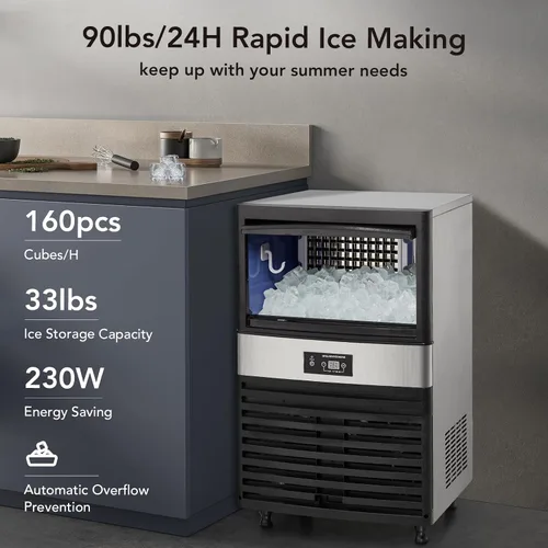 Miniatura 2 de Towallmark Máquina de hielo comercial, crea 90 libras en 24 horas, máquina de hielo comercial con capacidad de almacenamiento de hielo de 33 libras