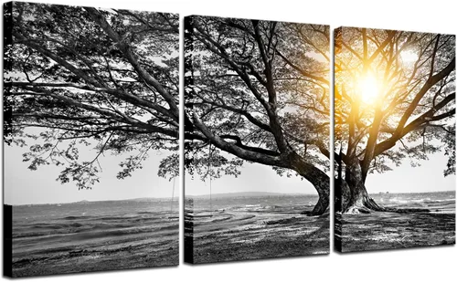 Biuteawal Arte de pared de 3 piezas de árbol blanco y negro al amanecer cálido paisaje fotográfico, impresiones en lienzo de árbol de la vida,