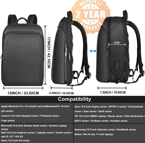 Miniatura 2 de ZINZ Mochila delgada y expandible para laptop de 15, 15.6 y 16 pulgadas, antirrobo, bolsa de viaje de negocios con USB, mochila multiusos de gran