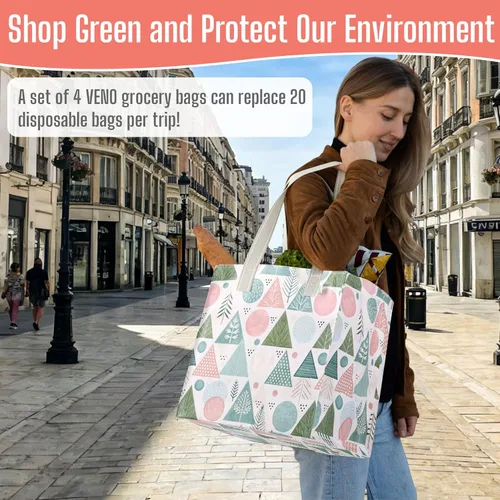 Miniatura 7 de VENO Paquete de 4 bolsas de comestibles reutilizables de Navidad, bolsas de compras resistentes con asas, para carrito de compras con parte inferior