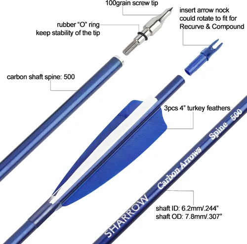 Miniatura 2 de Flechas de carbono de 31 pulgadas, flechas de caza de tiro con arco, 500 espina dorsal con plumas, flechas de práctica para tiro con arco compuesto