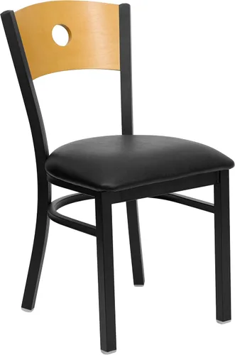 Miniatura 8 de Flash Furniture HERCULES Series Silla de restaurante de metal con respaldo circular negro, respaldo de madera natural, asiento de vinilo negro