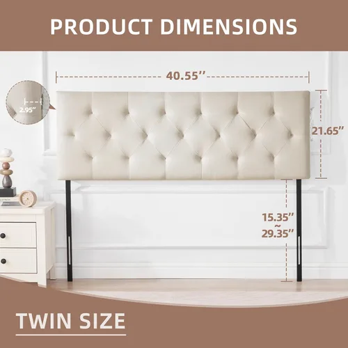 Miniatura 2 de Howjoe Cabecero Tapizado de Lino Twin Size, Solo Cabecero de Madera Maciza Twin XL con Capitoné de Diamante, Altura Ajustable de 37" a 51" Cabecero