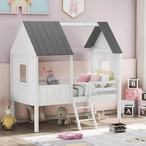 Miniatura 13 de Quarte Fun House - Cama con techo y dos ventanas laterales, cama baja de madera tamaño individual con escaleras pequeñas y barandilla, para niños