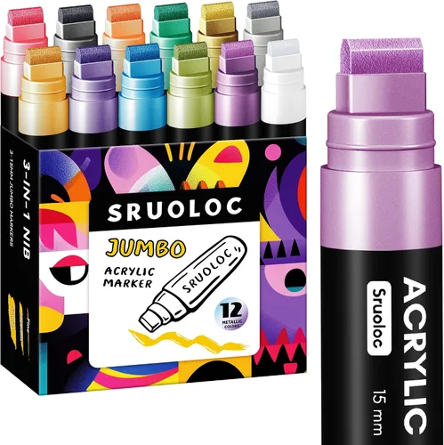 SRUOLOC 12 colores metálicos marcadores jumbo, punta de fieltro jumbo de 15 mm, marcadores de pintura acrílica para pintura en roca, póster, piedra,