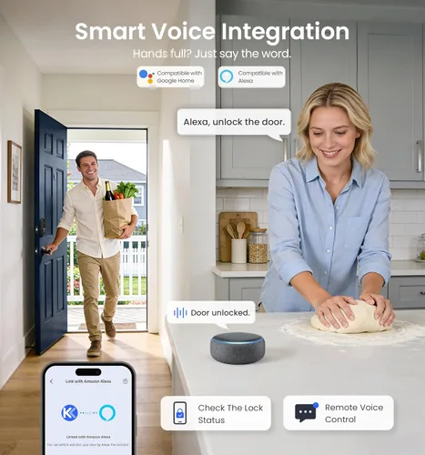 Miniatura 10 de Veise VE027 - Cerradura inteligente Wi-Fi integrada, cerradura de puerta delantera sin llave de huellas dactilares, control remoto y control de voz