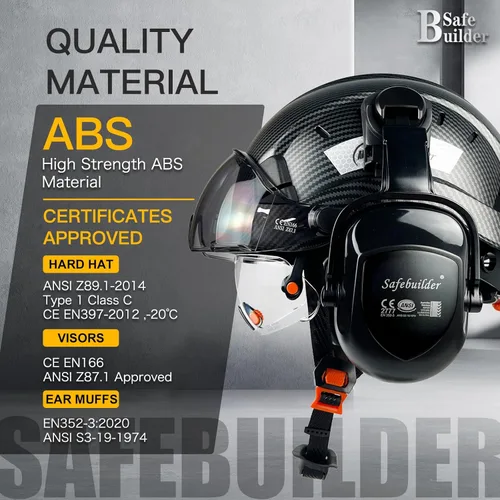 Miniatura 3 de Casco de Seguridad SAFEBUILDER con Gafas de Protección y Orejeras de Fibra de Carbono ABS para Trabajo en Altura, Cascos Duros para Protección