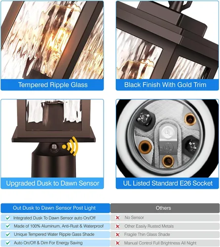 Miniatura 7 de VIANIS Luces de Poste para Exteriores de Bronce Frotado con Aceite Paquete de 2, Postes de Luz del Atardecer al Amanecer para Exteriores con Base