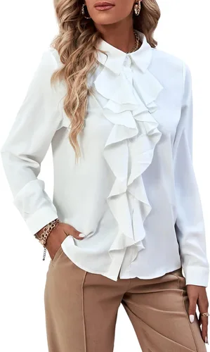 Miniatura 37 de LYANER - Blusa de manga larga con cuello de botón y volantes en la parte delantera para mujer