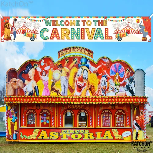 Miniatura 4 de Fondo de bienvenida al carnaval: 120 x 20 pulgadas, pancarta de carnaval para patio, decoraciones de fiesta temática de carnaval, juegos de carnaval