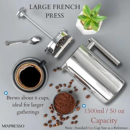 Miniatura 4 de Mixpresso Cafetera de Prensa Francesa de Acero Inoxidable 27 Oz 800ml, Prensa Francesa Aislada de Doble Pared de Acero Inoxidable, Termómetro