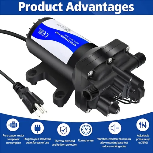 Miniatura 2 de Bomba de presión de agua de 110 V CA, bomba de transferencia de diafragma de 5.5 GPM 75 PSI con interruptor de presión automático, bomba autocebante