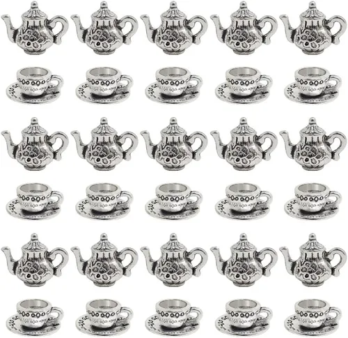 JKJF 30 dijes de metal para tetera, taza de té, mini colgantes de taza de café, dijes vintage para tetera, colgante a granel para manualidades,