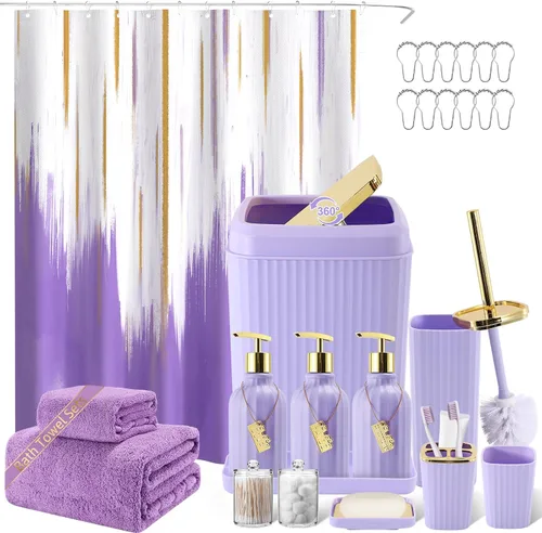 Miniatura 32 de 21PCS Bathroom Sets with Shower Curtain and Rugs Bathroom Accessories Set Beige Bathroom Set Complete with Trash Can, Toilet Brush, Qtip Holder &