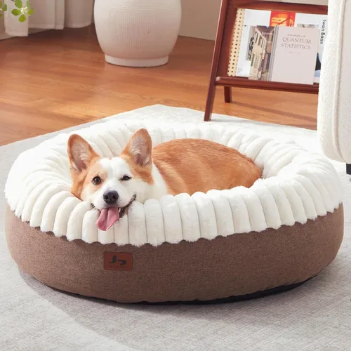 Miniatura 12 de Cama para perros en forma de dona, tamaño mediano, camas redondas para perros y gatos pequeños y medianos con piel sintética esponjosa lavable, Gris