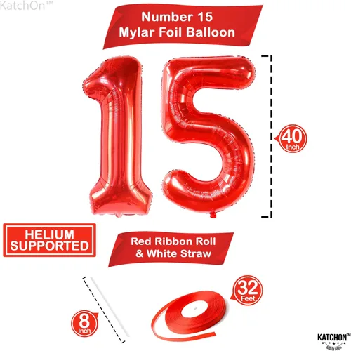 Miniatura 4 de Katchon, Globos rojos enormes del número 15, 40 pulgadas, globos del número 15, decoraciones de cumpleaños de 15 para niñas, decoraciones