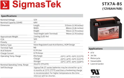 Miniatura 3 de SigmasTek STX7A-BS - Batería sellada de plomo ácido, sin mantenimiento, para ATV, quad, motocicleta, scooter, ciclomotor