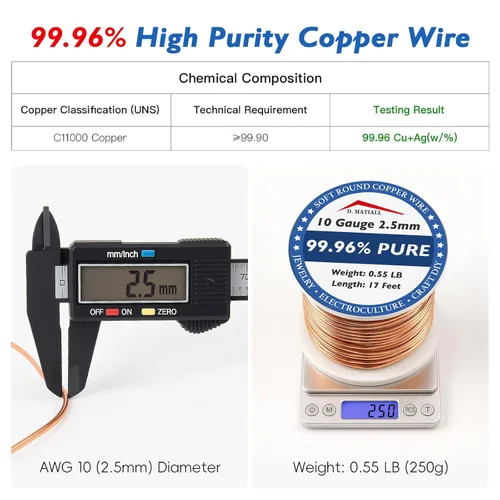 Miniatura 2 de Alambre de cobre 99.95% puro – calibre 10 de 2.5mm – 17 pies, carrete de 0.55 libras – C11000 alambre de cobre suave para manualidades
