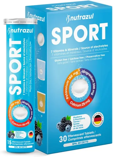 nutrazul Tabletas efervescentes deportivas, electrolitos y 7 vitaminas y minerales, hidratación diaria y energía, sin cafeína, sabor a arándanos y