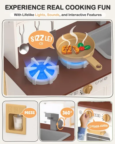 Miniatura 3 de Babytronic Cocina de Juego para Niños, Set de Cocina de Madera para Niños de 3+ Años con Luces Reales, Sonidos, Estufa, Fregadero, Horno, y 30 Blanco