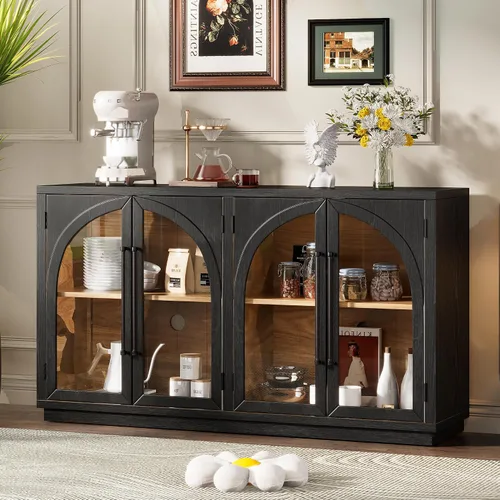 Miniatura 4 de SOFTSEA Tablero de tamaño de 60 pulgadas con puertas de vidrio arqueadas, aparador moderno de mediados de siglo con estantes ajustables para sala