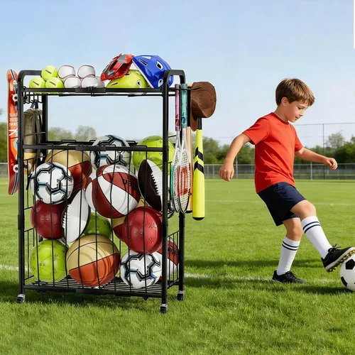 Miniatura 7 de Estante de almacenamiento para pelotas de garaje, organizador de equipo deportivo con ruedas, carrito de pelota deportiva con cuerda elástica