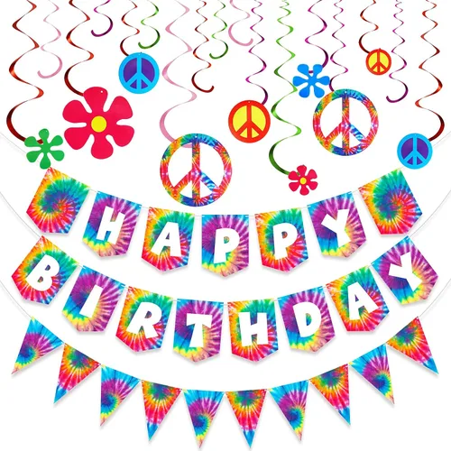 Tenare 15 banderines de teñido anudado para fiesta de feliz cumpleaños, banderín y temática hippie de los años 60, decoración de remolinos para