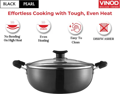 Miniatura 4 de Vinod Utensilios de cocina profesional Deep Kadhai – 2.1 litros (2.2 cuartos) – 20cm (7.9 in) – Tapa de vidrio incluida – Wok/olla anodizado duro
