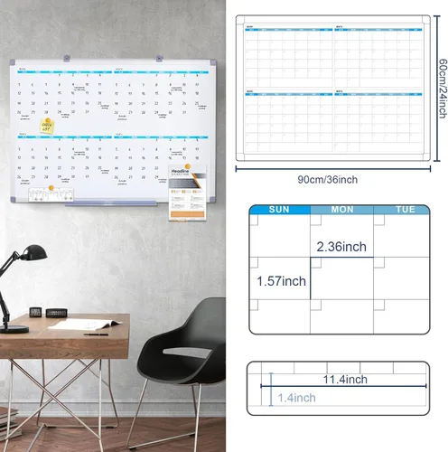 Miniatura 2 de MAKELLO Calendario magnético grande de borrado en seco, pizarra blanca trimestral, 36 x 24 pulgadas, para el hogar, dormitorio, oficina, aula, 4