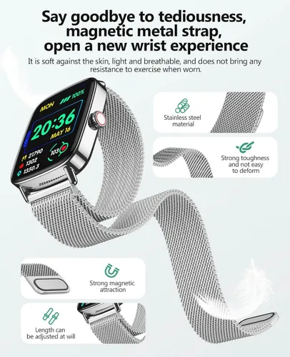 Miniatura 7 de SOUYIE Relojes inteligentes controlados por voz AI con pantalla de 1.85 pulgadas, IP68 impermeable, monitoreo de frecuencia cardíaca 24/7, Negro