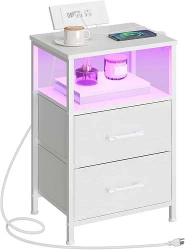 Miniatura 12 de HOOBRO Mesita de noche con estación de carga, mesita de noche con luces LED y 2 cajones de tela, mesa auxiliar con 2 salidas de CA y puerto USB