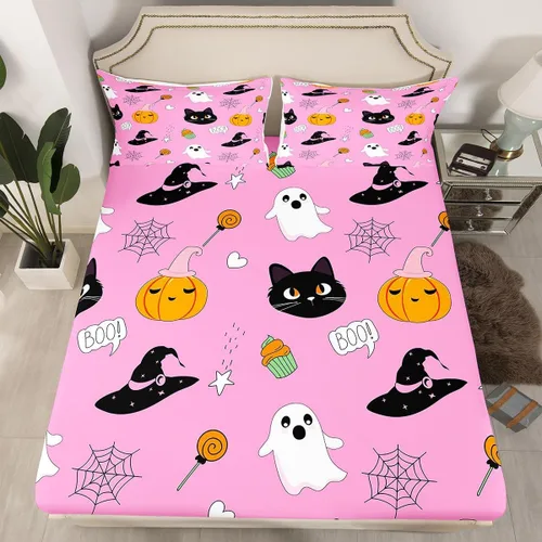 Miniatura 19 de Juego de ropa de cama de Halloween con patrón de sombras kawaii, sábana bajera tamaño queen, decoraciones de calabaza, luces de calabaza góticas