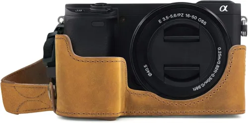 Miniatura 10 de MegaGear MG1641 Ever Ready - Media funda de cuero genuino para cámara compatible con Sony Alpha A6100, A6400 - Negro