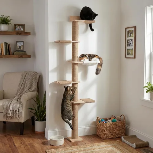 Miniatura 7 de Árbol para gatos de piso a techo, altura ajustable de 5 niveles (6-10.1 pies), torre de escalada con postes rascadores de sisal, actividad