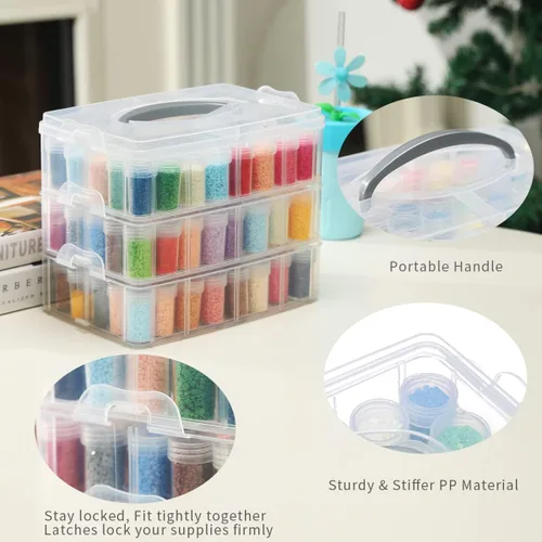 Miniatura 2 de Douorgan Contenedores de almacenamiento de pintura de diamante de 3 niveles, organizador portátil de cuentas y caja de almacenamiento, organizadores