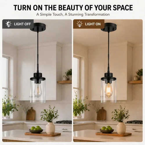 Miniatura 5 de Moderna Lámpara Colgante de Granja Negra de Vidrio Transparente Cilíndrico, Iluminación Colgante de Metal Industrial Mini para Isla de Cocina, Mesa